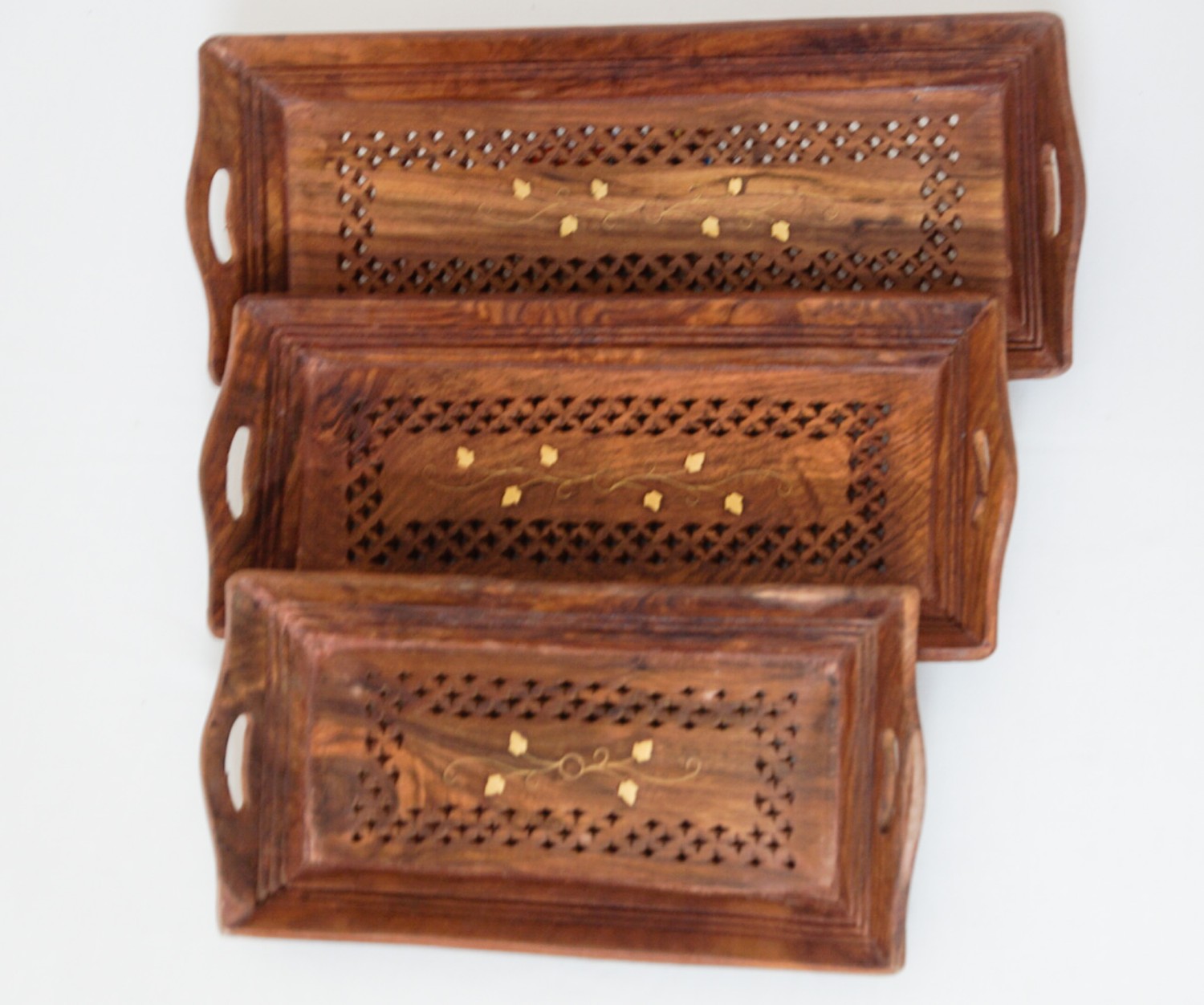 Channapatna Teak Wood Carved Tray - Set of 3